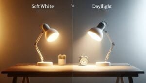 On the left side, place a desk lamp emitting a soft white light with a warm, cozy glow, symb