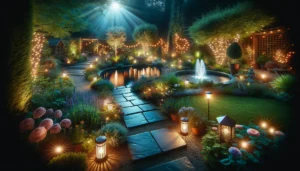 A beautiful garden at twilight, illuminated by various types of solar lights, including path lights, fairy lights, and spotlights highlighting plants