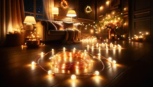 A beautiful lighting scene, LED copper wire string lights. The image should capture a warm, inviting glow