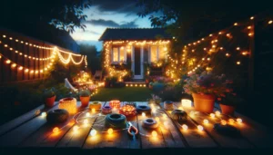 A cozy backyard evening setting, illuminated by handmade LED string lights, showcasing a variety of colors and patterns. The scene captures the warm g