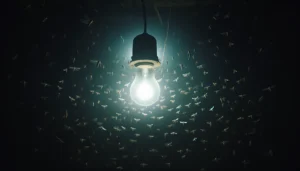 A light bulb emitting a pale white light in the darkness, attracting a swarm of insects