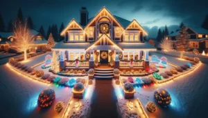 A wide-angle view of a beautifully decorated house during Christmas, showcasing various sizes and colors of outdoor Christmas lights. The house is ele